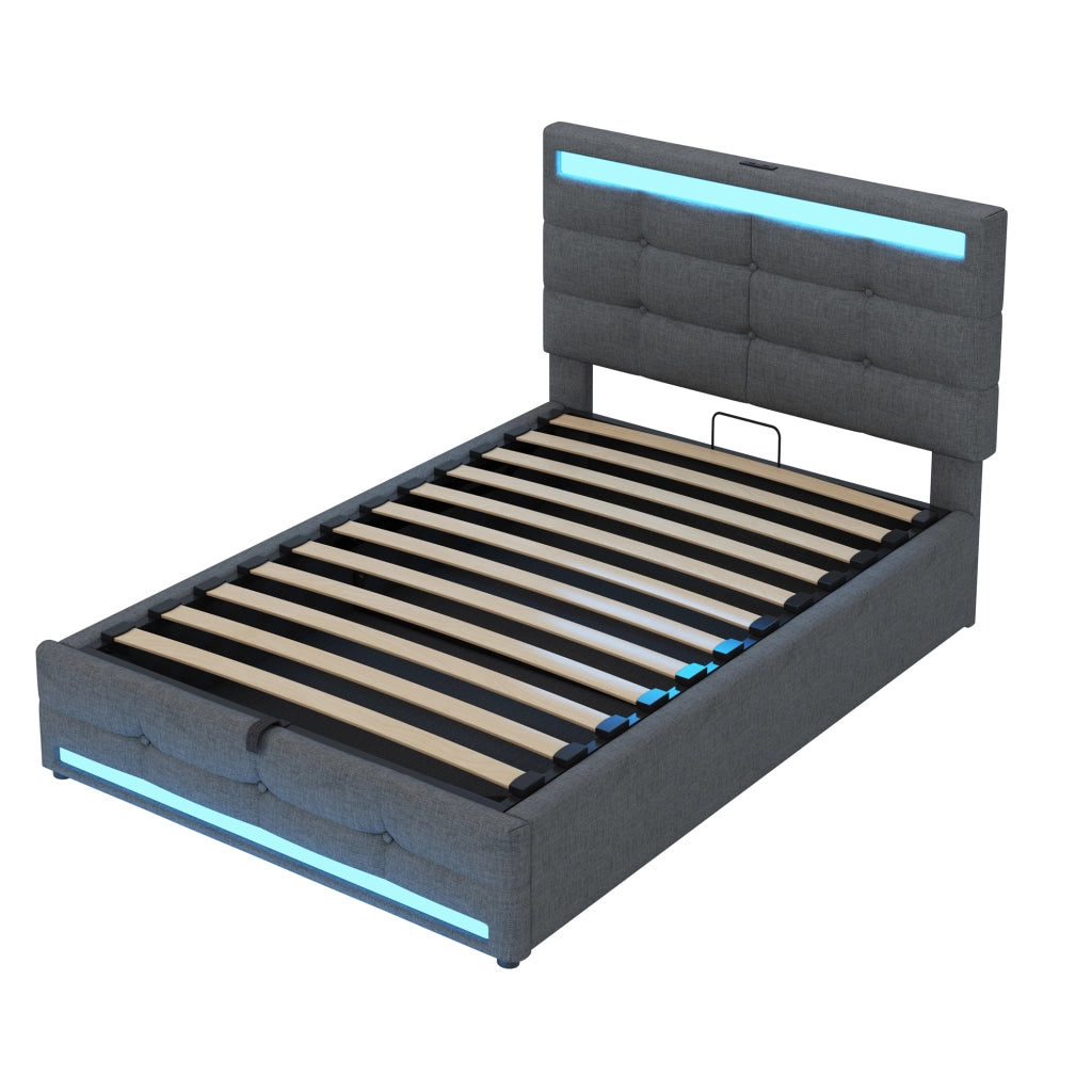 Letto Singolo Contenitore Imbottito con LED e USB ¨C MINIMAL ¨C 90x200, Grigio