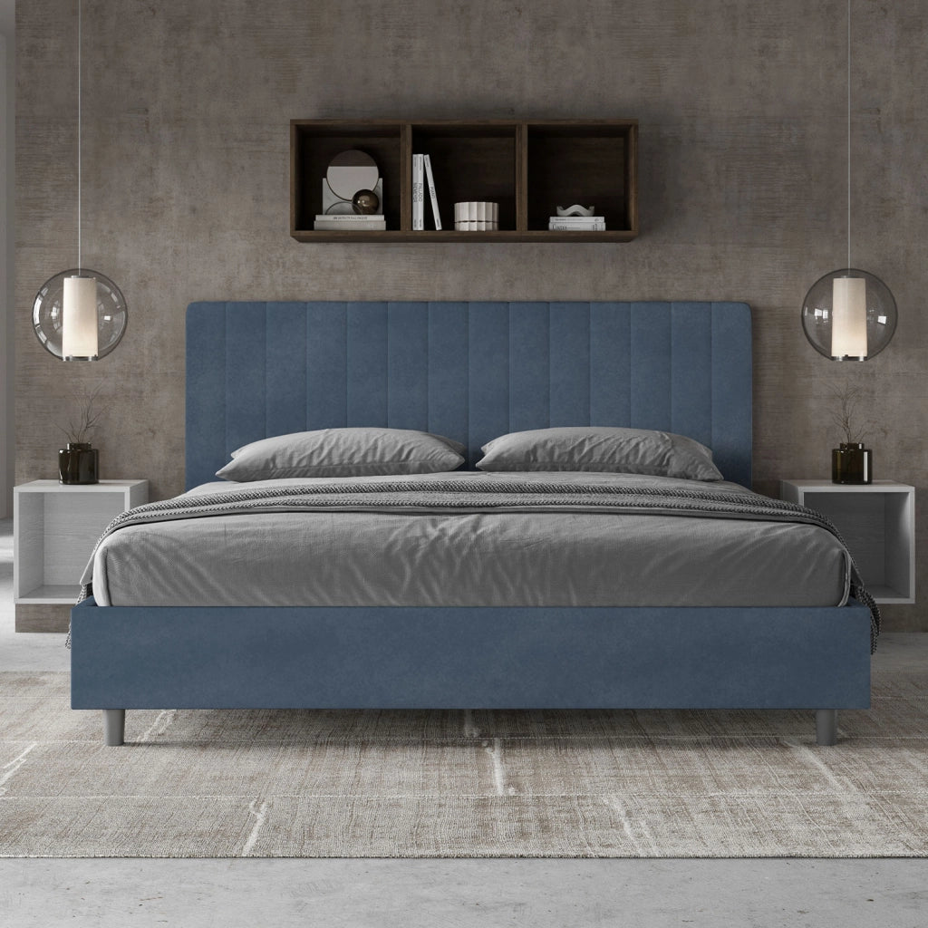 BS COM Letto matrimoniale king size contenitore imbottito 180x200 microfibra blu