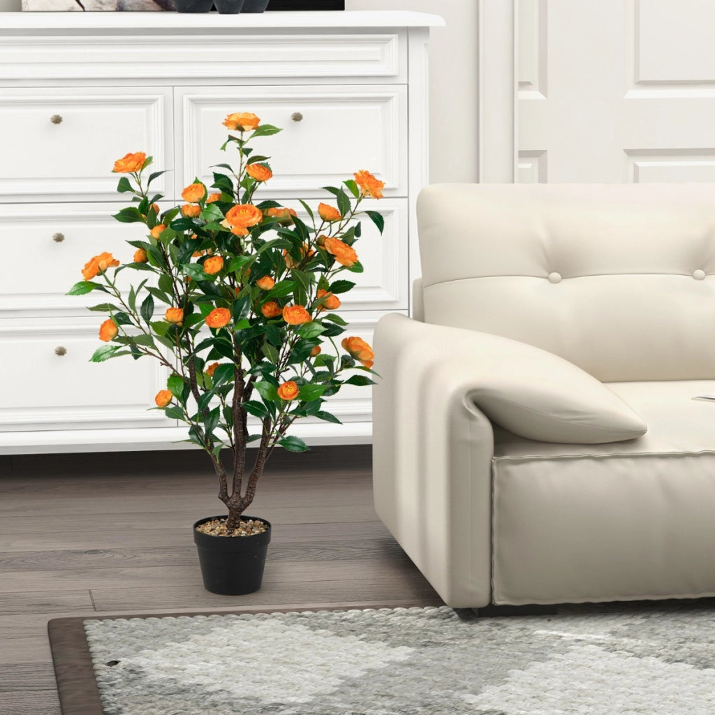 Albero di camelia artificiale in fiore finta con 37 fiori gialli ciottoli di pioggia, Pianta di camelia simulato