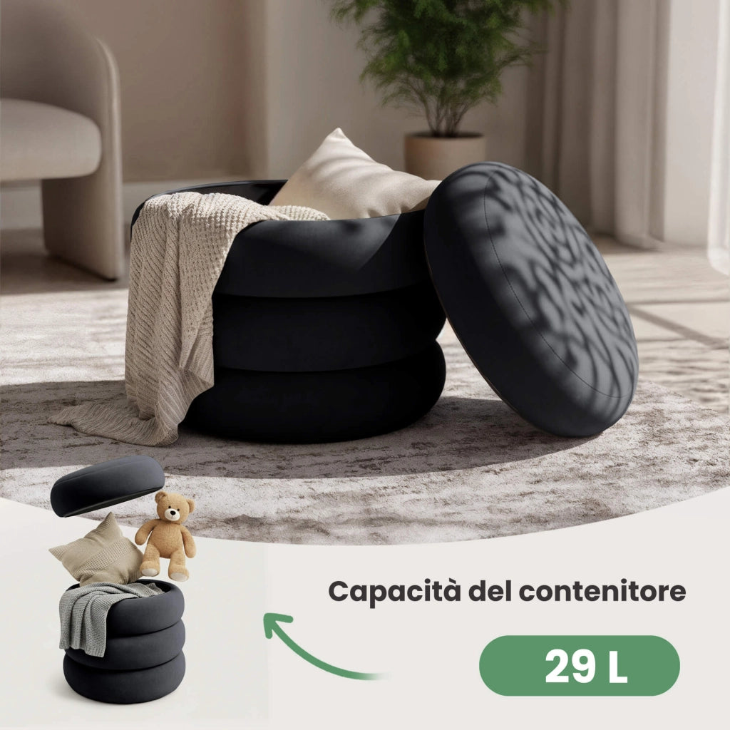 Pouf contenitore cilindrico in velluto 42 cm SNUGGO Nero