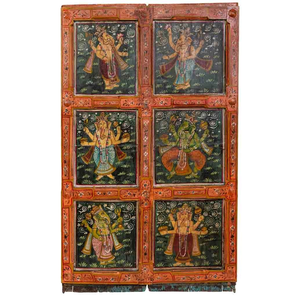 Porta in legno fatta a mano con decoro verde e rosso, 100x11x168h cm