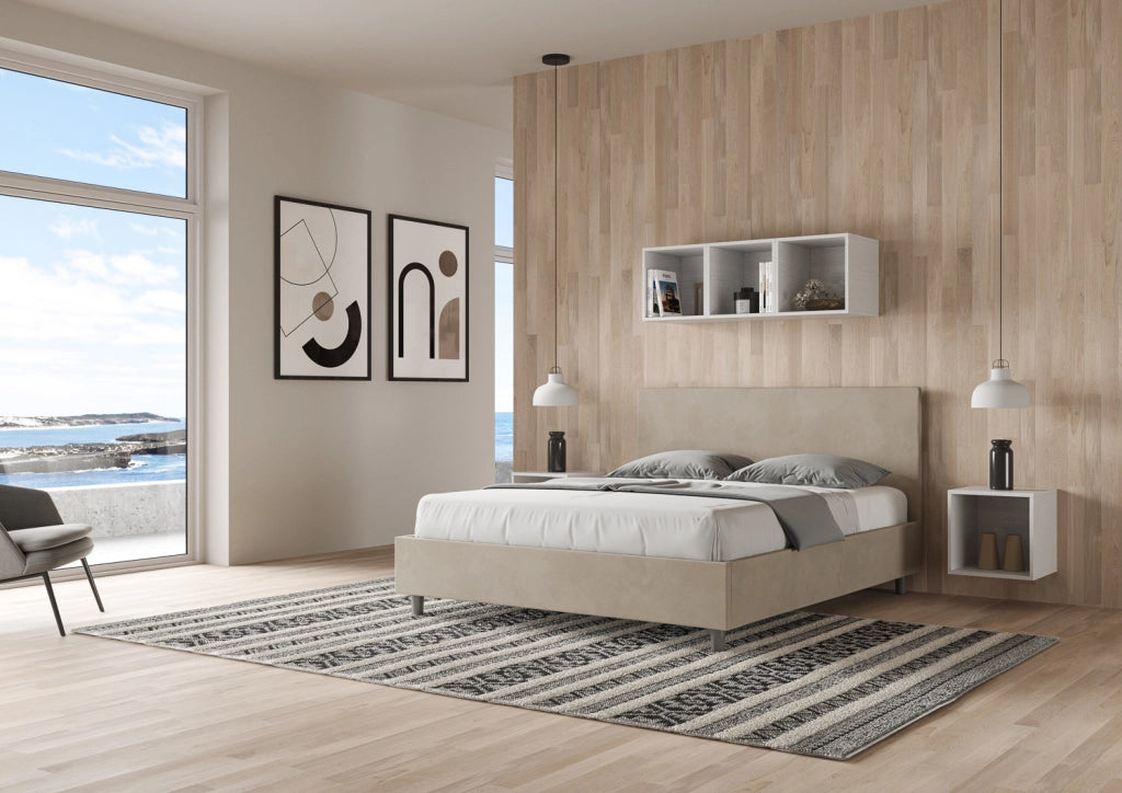 BS COM Letto matrimoniale king size con rete imbottito 170x190 microfibra sabbia