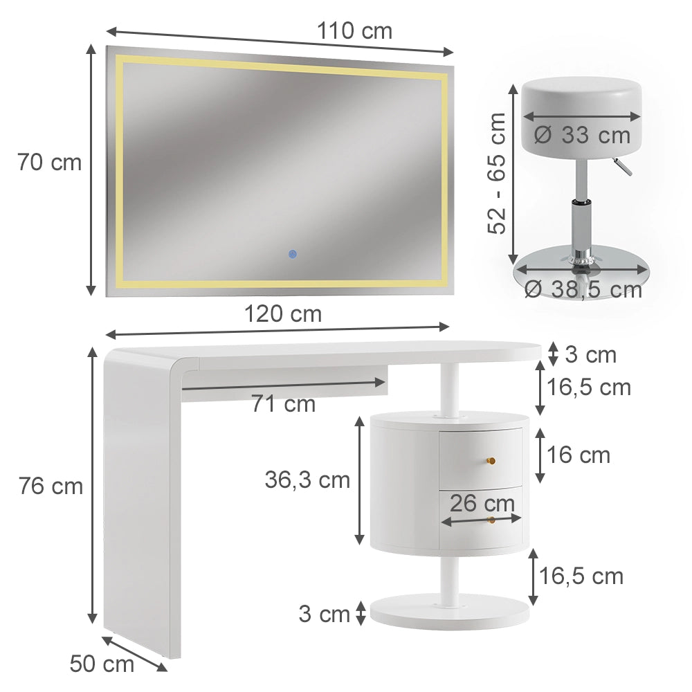 Vicco Tavolo da toeletta Bianco 120 cm con specchio LED e sgabello