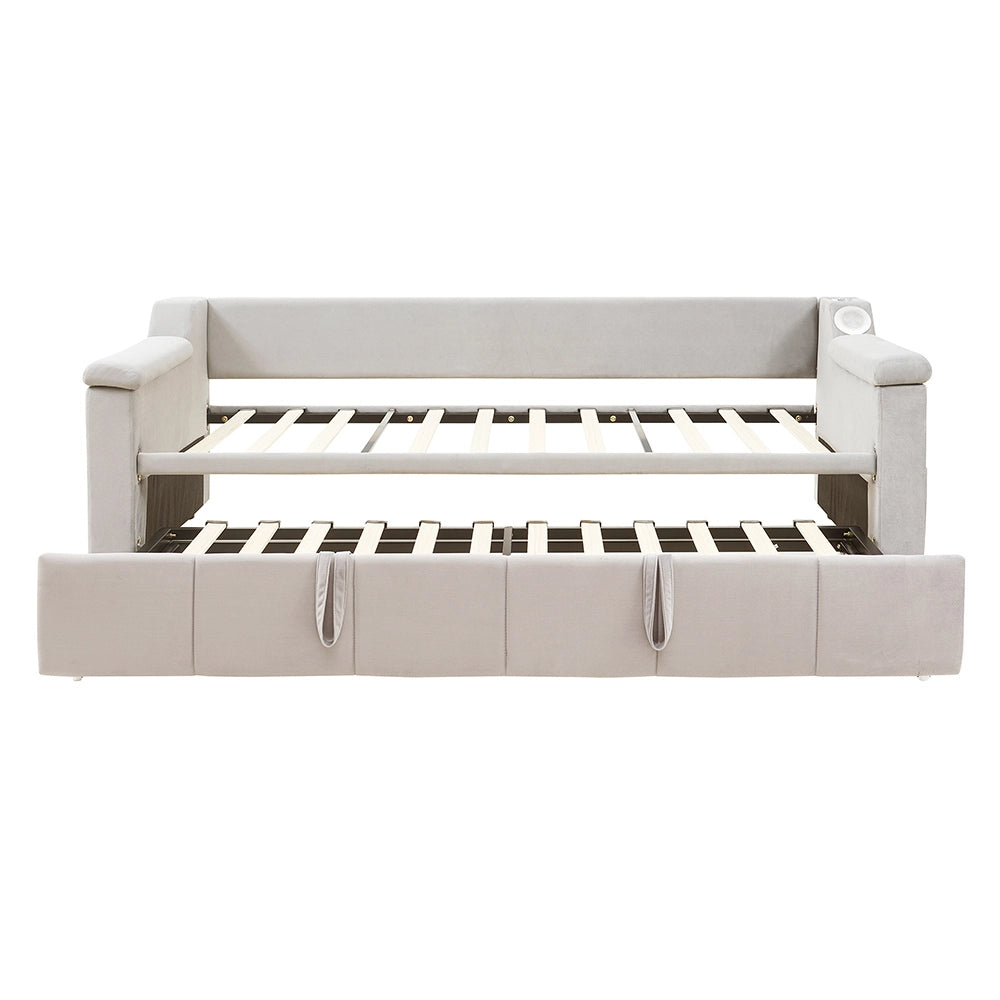 Divano letto-Xylo-90x190 cm-Bluetooth, USB, velluto beige
