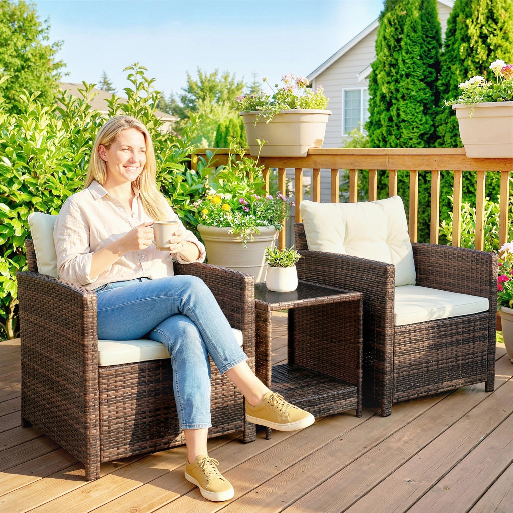 Set Giardino Bistrot Rattan con 2 Sedie e Tavolo Vetro ¨C zephmum ¨C 2 Posti Cremewei?