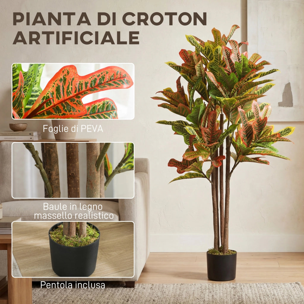 Pianta Artificiale Croton Multicolore ¨C Xylo ¨C PEVA e Legno con Vaso PP e Cemento 55x55x120cm