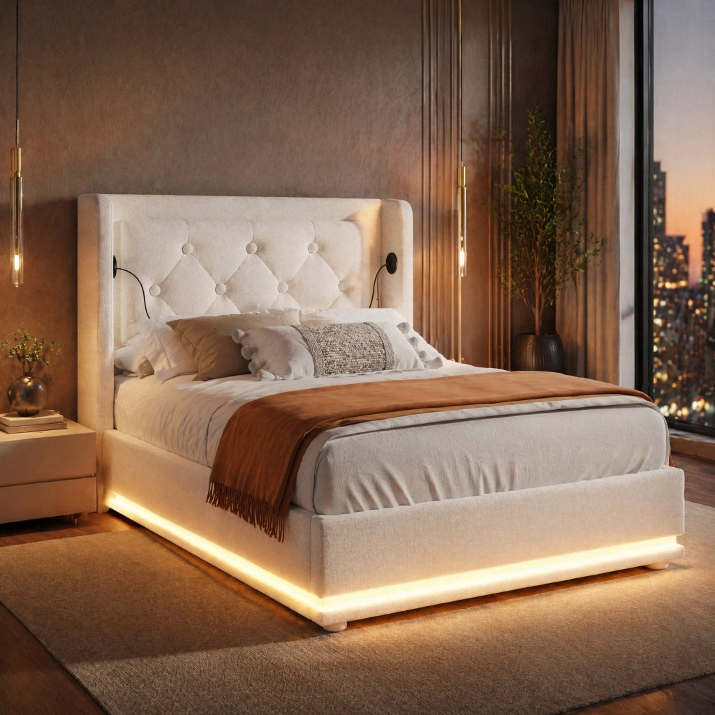 LETTO Contenitore 90x200 cm Beige in cotone, con USB Tipo-C e LED a 3 lati