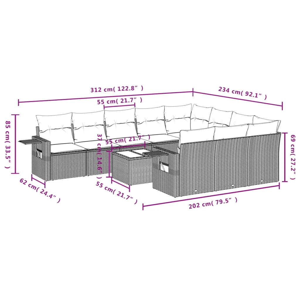 Set Divani da Giardino 11 pz con Cuscini in Polyrattan Grigio