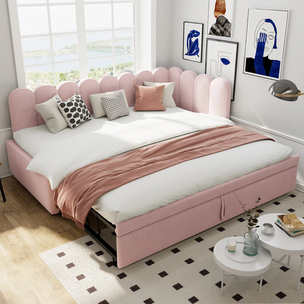 Divano letto estraibile a L 90x200/180x200 cm in velluto rosa con letto supplementare