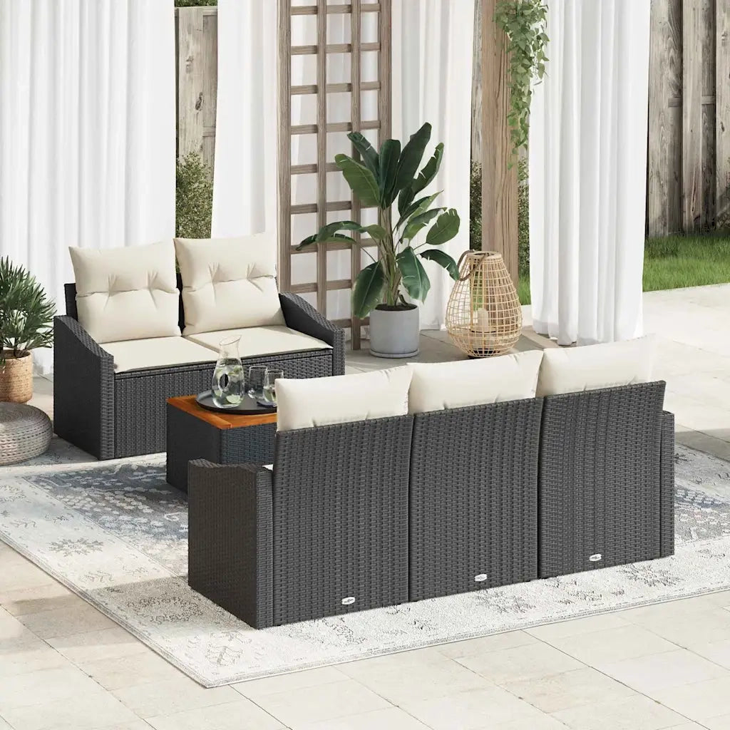 Set Divano da Giardino 6 pcs Nero e Crema polyrattan
