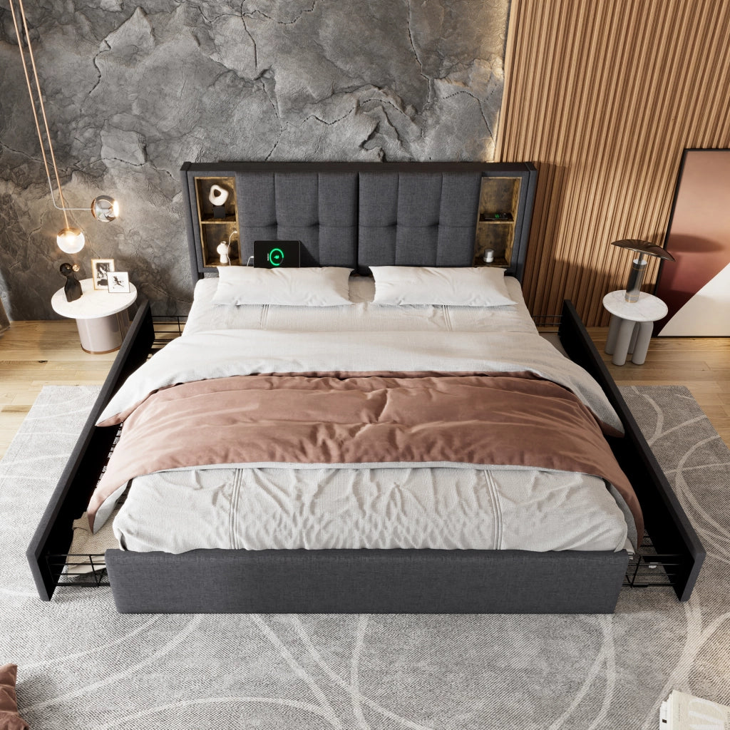 LETTO 160x200 cm in lino grigio con ricarica wireless, USB e 4 cassetti