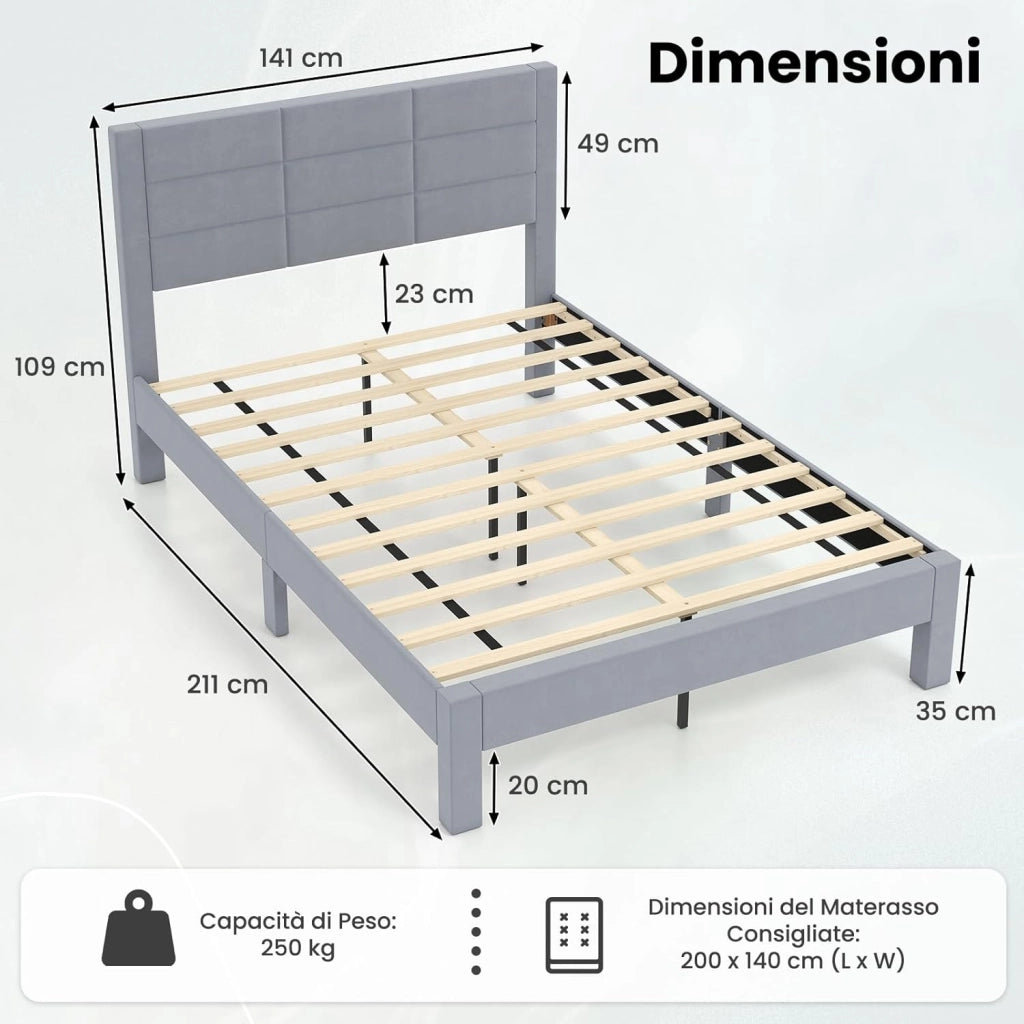 Struttura Letto Imbottito Matrimoniale 140x200 cm, Letto Piattaforma Imbottito, con Testiera in Morbido Tessuto di Velluto e Supporto a Doghe di Legno, Silenzioso, Carico 250kg (Stile 1)