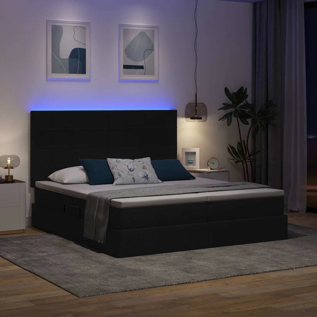Letto con luci a strisce a LED Nero 200 x 200 cm Tessuto