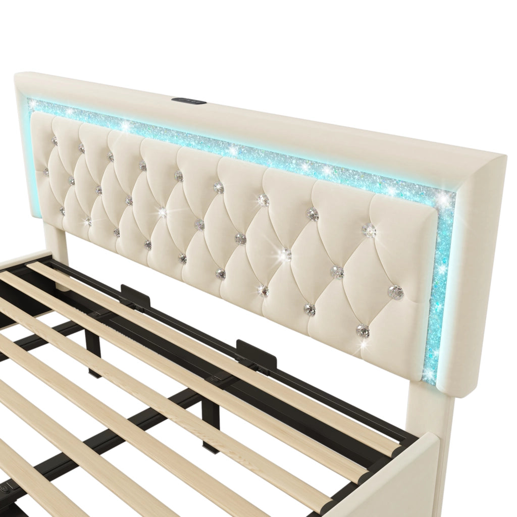 LETTO 180x200 cm in Velluto Beige con LED, USB e USB-C, contenitore idraulico
