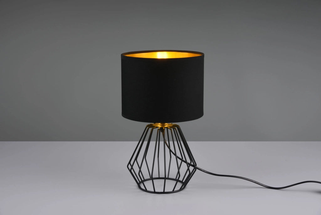 CHUCK LAMPADA DA TAVOLO BASE GABBIA METALLO NERO PARALUME NERO ORO H.34CM 1 LUCE ATTACCO E14