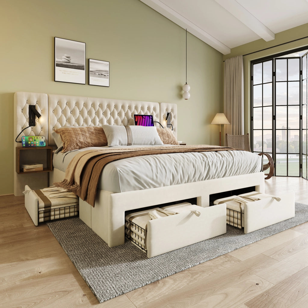LETTO imbottito Vintage 160x200 cm Velluto Beige con 2 comodini e 4 cassetti