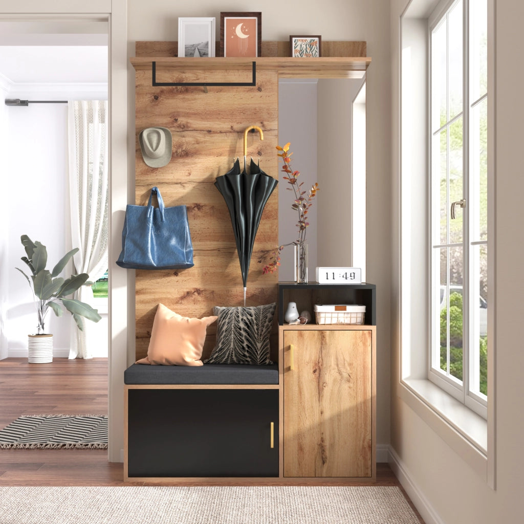 ARMADIO INGRESSO Set da 2 pezzi con specchio 105x40x191,5 cm Nero/Legno