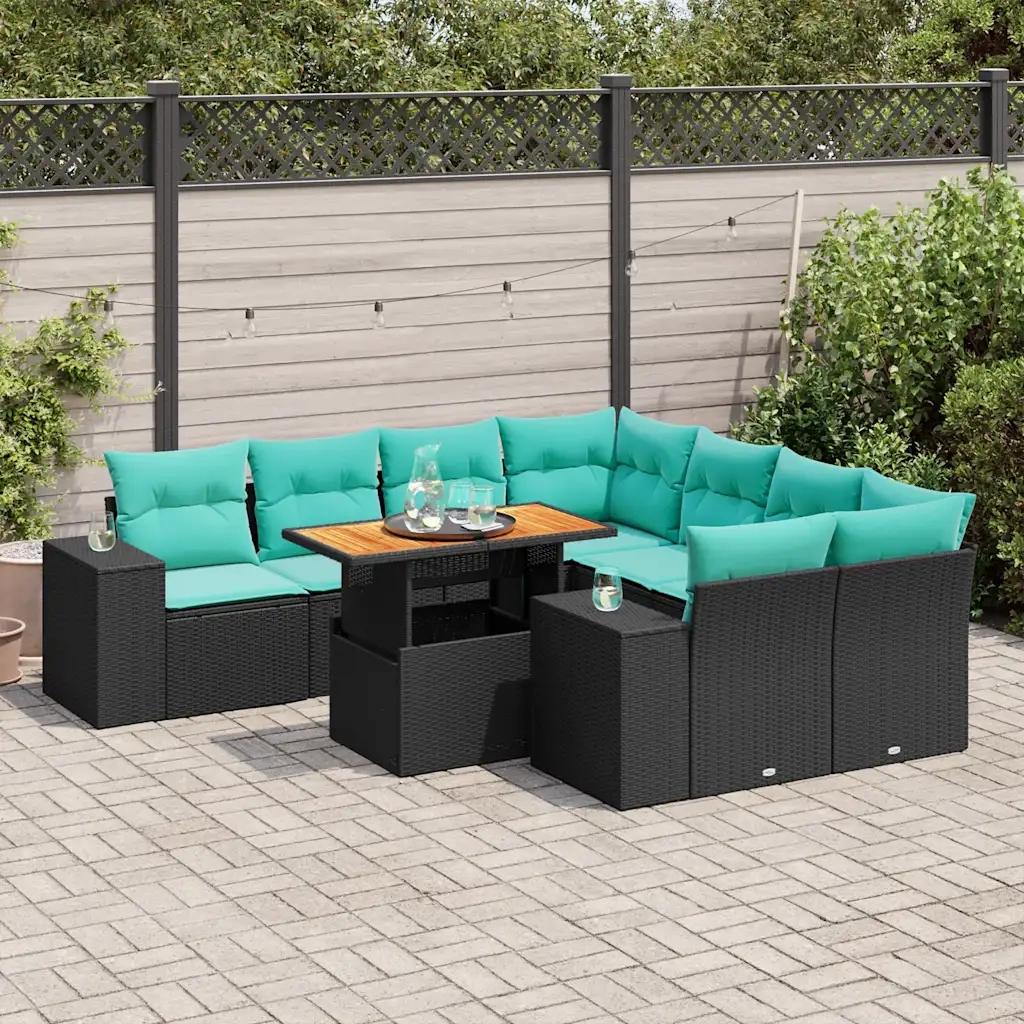 Set Divani da Giardino 9 pz con Cuscini Nero in Polyrattan 3327354