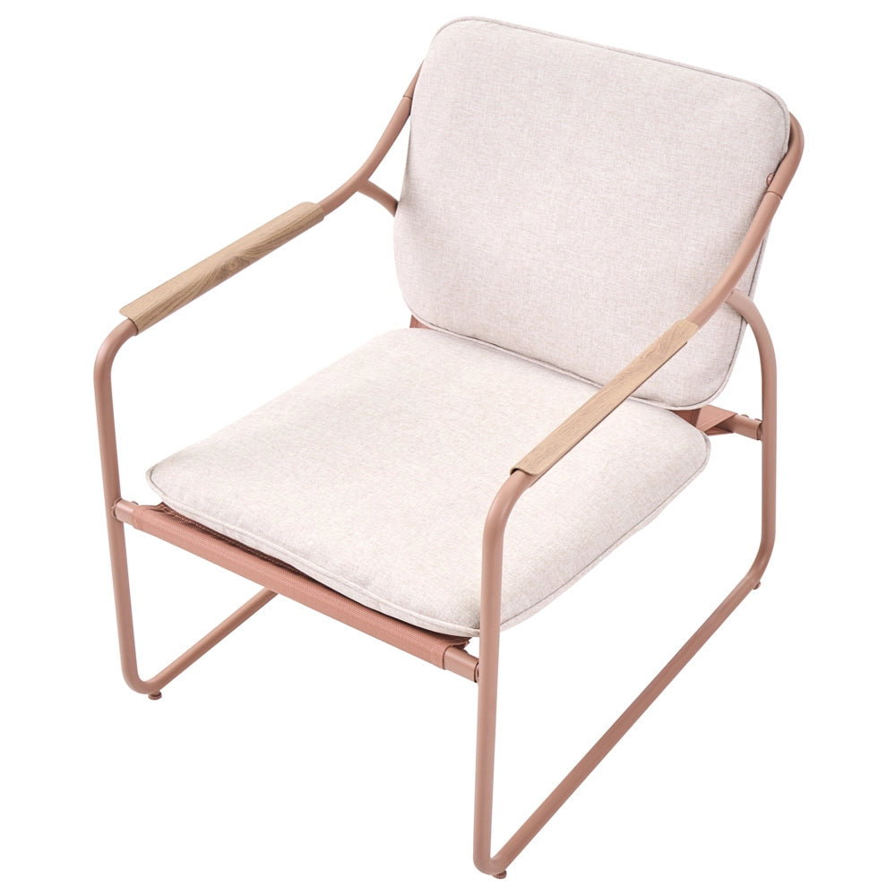Set da giardino con divano a 4 posti, struttura in acciaio beige, cuscini in olefina e tavolino in vetro temperato: set da per esterni