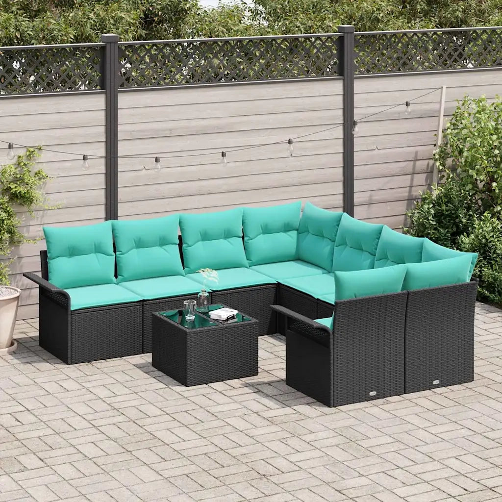 Set Divano da Giardino 9 pcs Nero e Turchese polyrattan 3353975