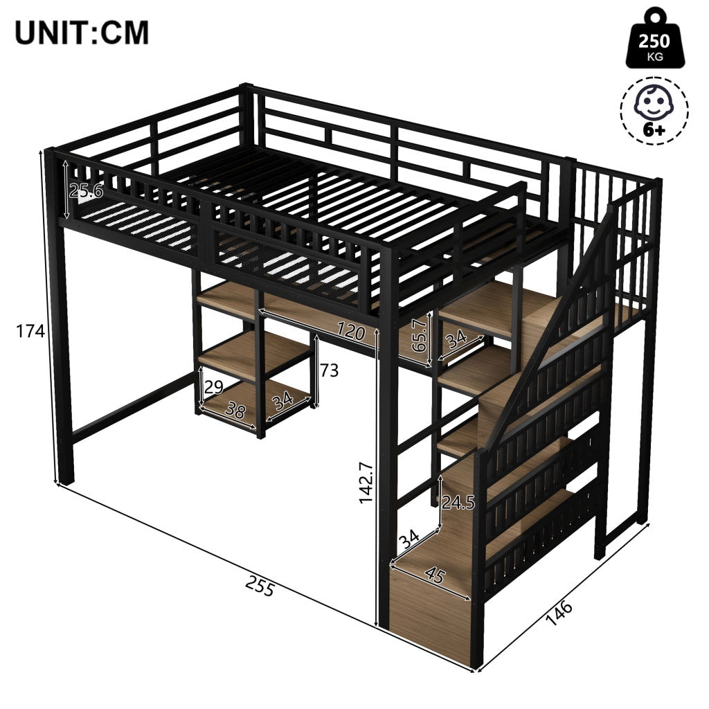 Letto castello 140x200 ferro ripiani scala scrivania LED USB nero