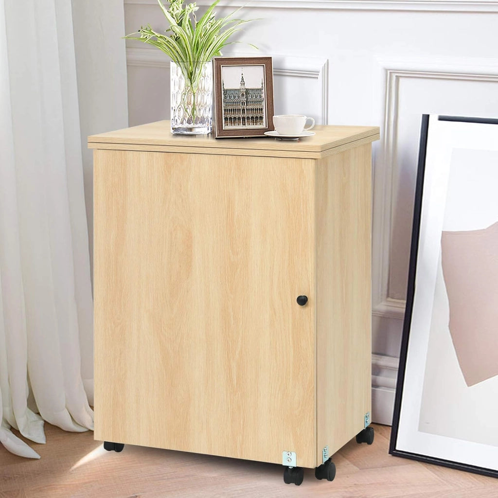 Mobile per Macchina da Cucire Pieghevole, Tavolo da Cucito con Ruote Bloccabili e Ripiani Portaoggetti, Tavolo per Macchina da Cucire Multiuso da Studio e Salotto (Legno Chiaro)