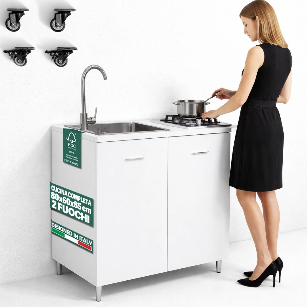 Cucina Completa 80x60cm Bianco Piano Cottura 2 Fuochi Lavello con Rubinetteria