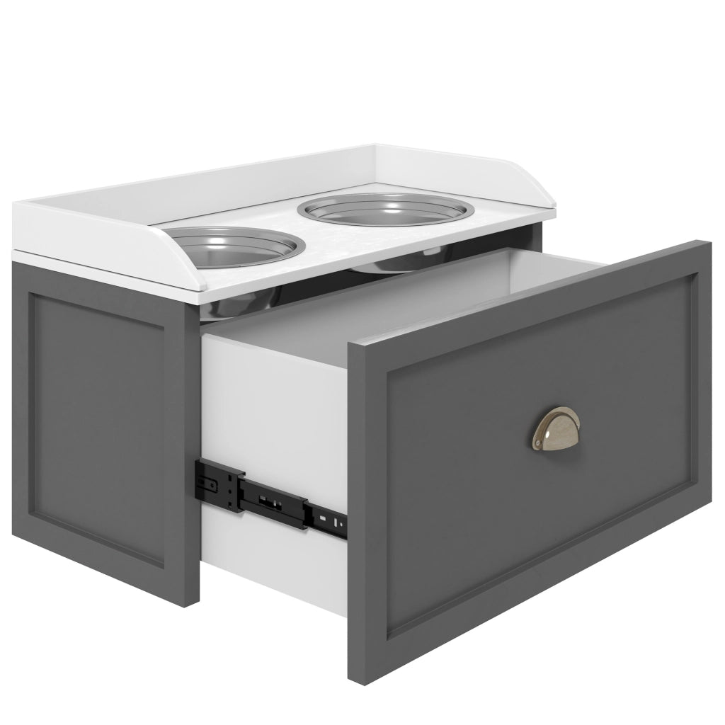 Porta Gamelle Elevato per Cani e Gatti ¨C Zephmum ¨C Bianco Grigio MDF Acciaio Inox