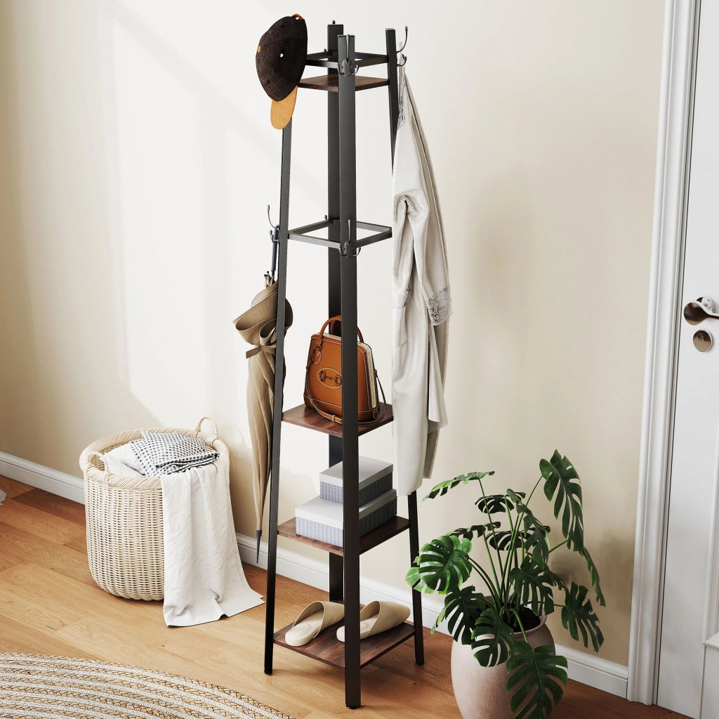 Appendiabiti con scaffali ¨C Zephmum ¨C Marrone, metallo e legno, 4 livelli