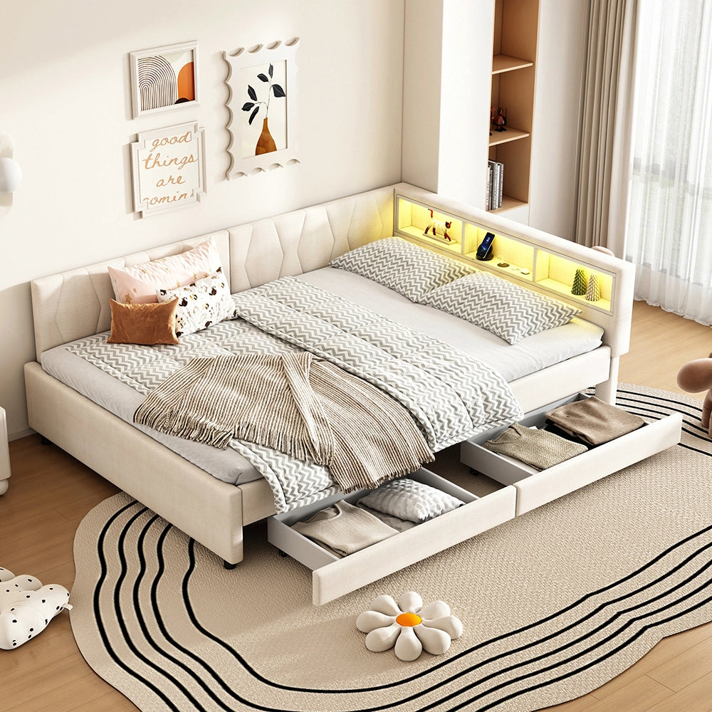Daybed-Xylo-140x200 cm-LED, USB-C, 2 cassetti, lino beige