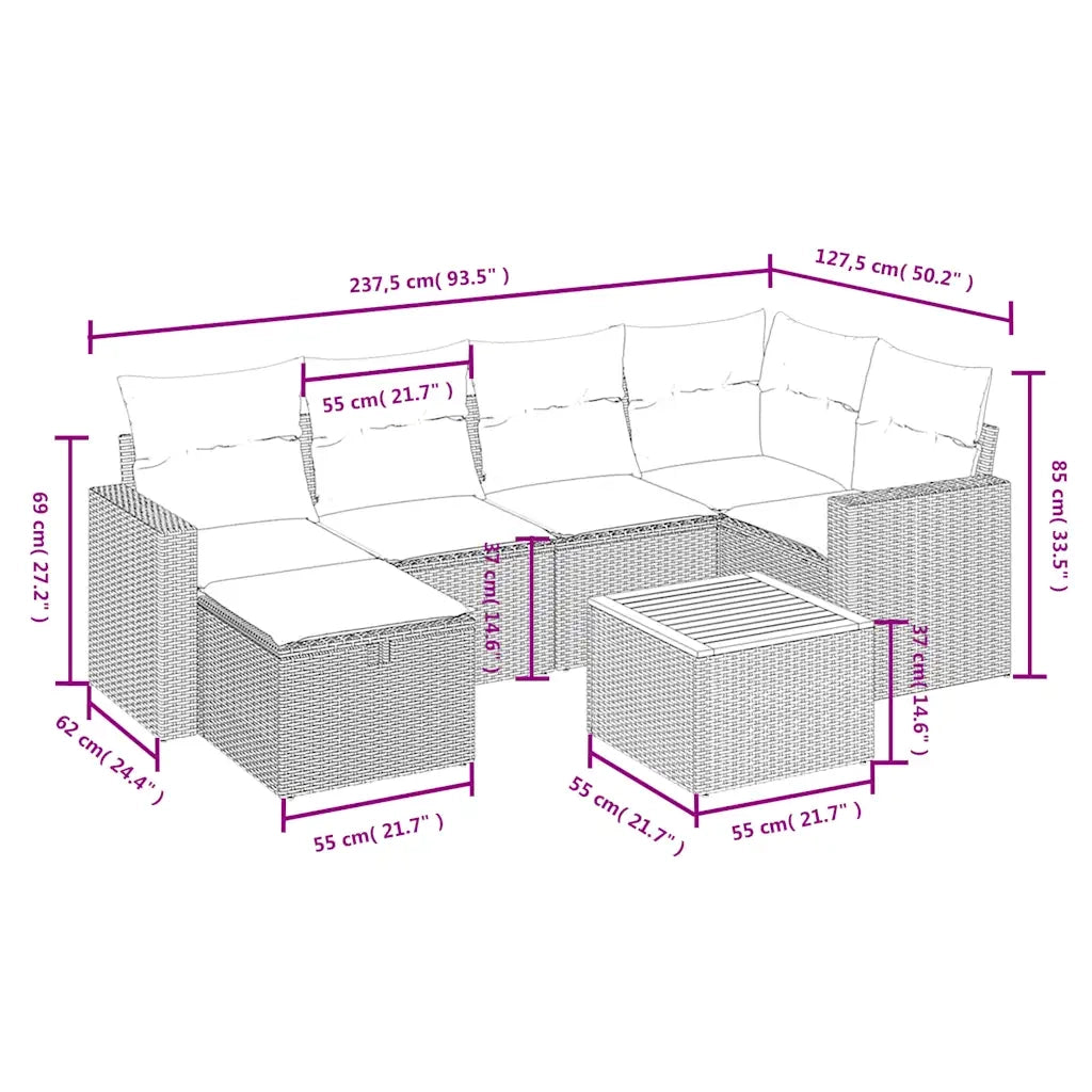 Set Divani da Giardino 7 pz con Cuscini Beige in Polyrattan 3264838