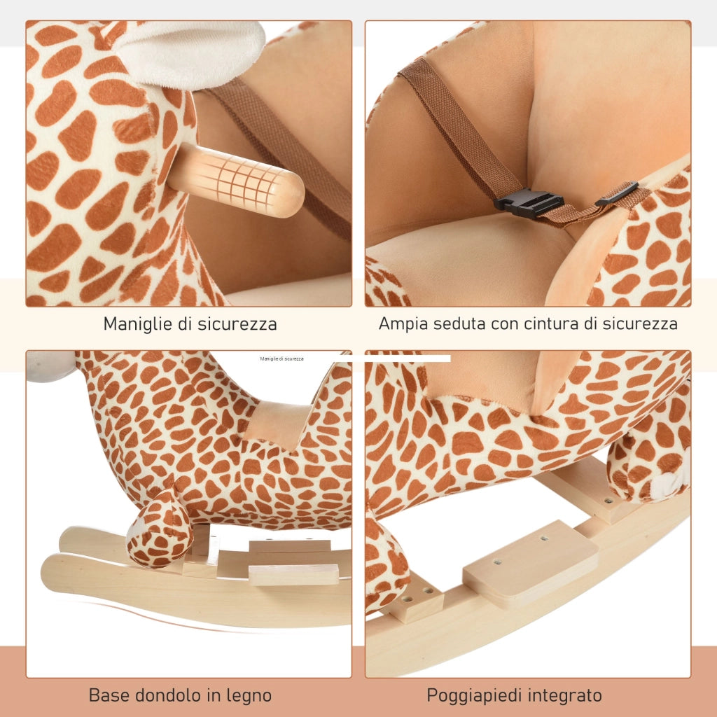 Dondolo per Bambini in Legno Giraffa in Peluche con Suoni
