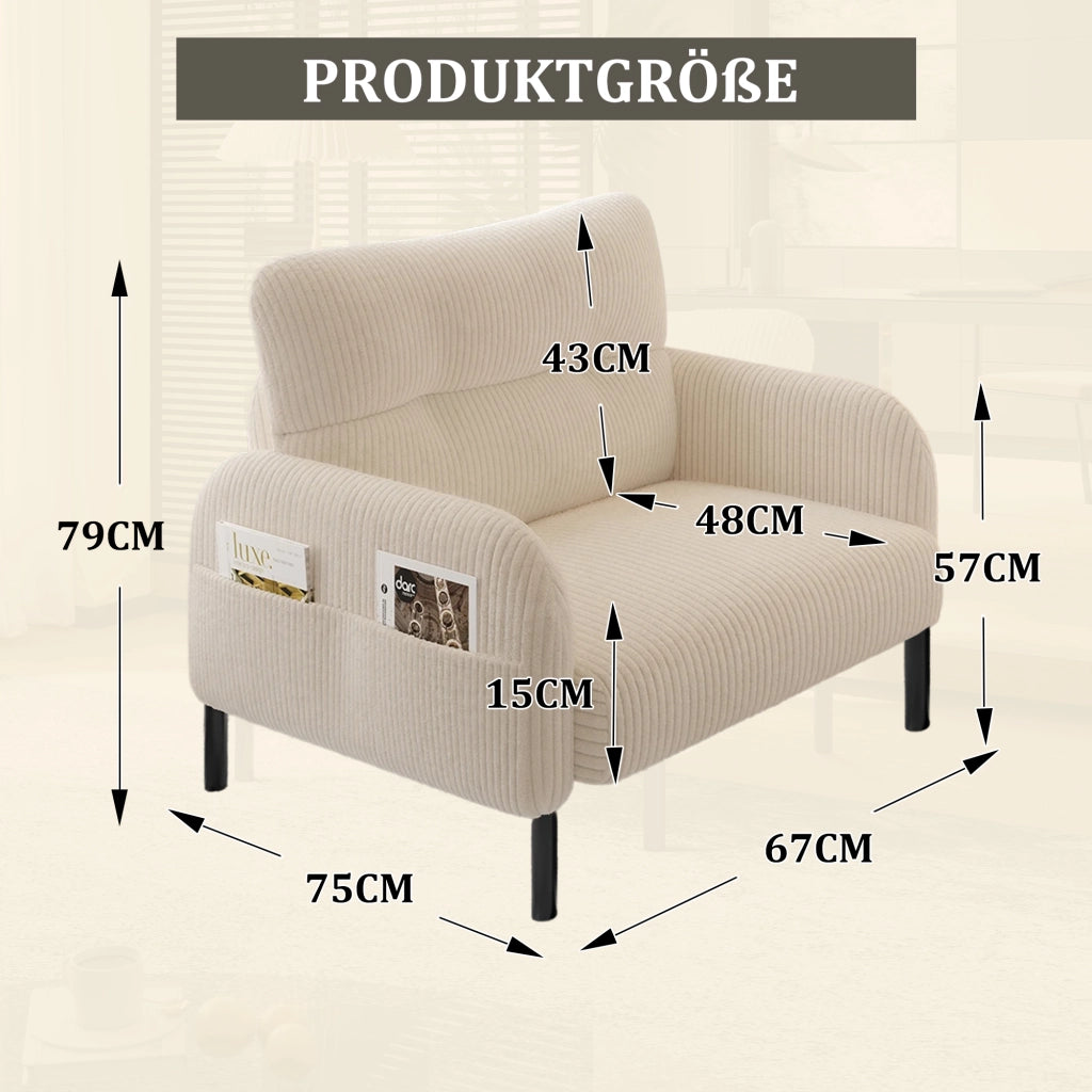 POLTRONA con tasca laterale 67 x 75 x 79 cm in velluto a coste beige
