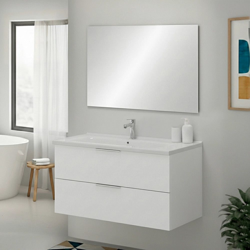 Mobile bagno sospeso 100cm bianco opaco con cassetti soft-close lavabo e specchio Elva