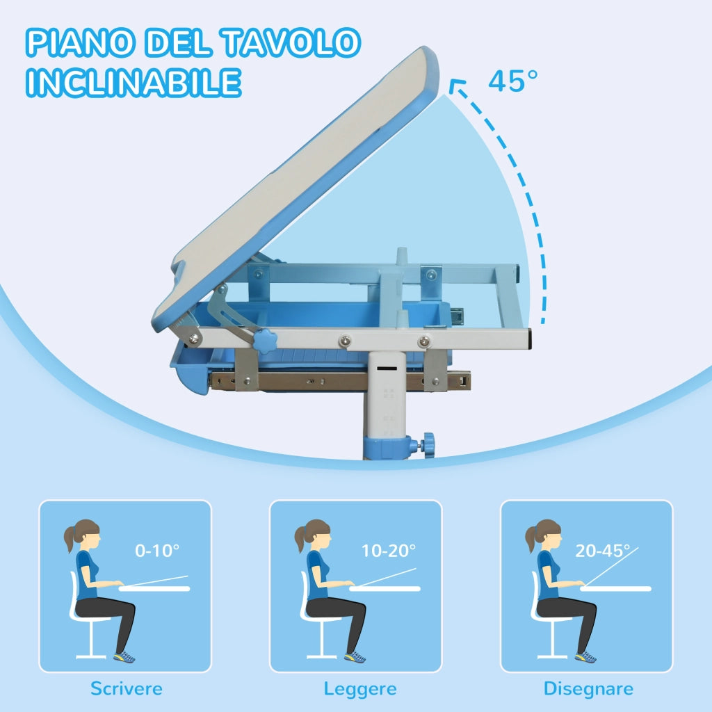 Scrivania per Bambini con Sedia Regolabile, Cassetto e Piano Inclinabile ¨C Minimal ¨C Blu 66x47x52-77 cm