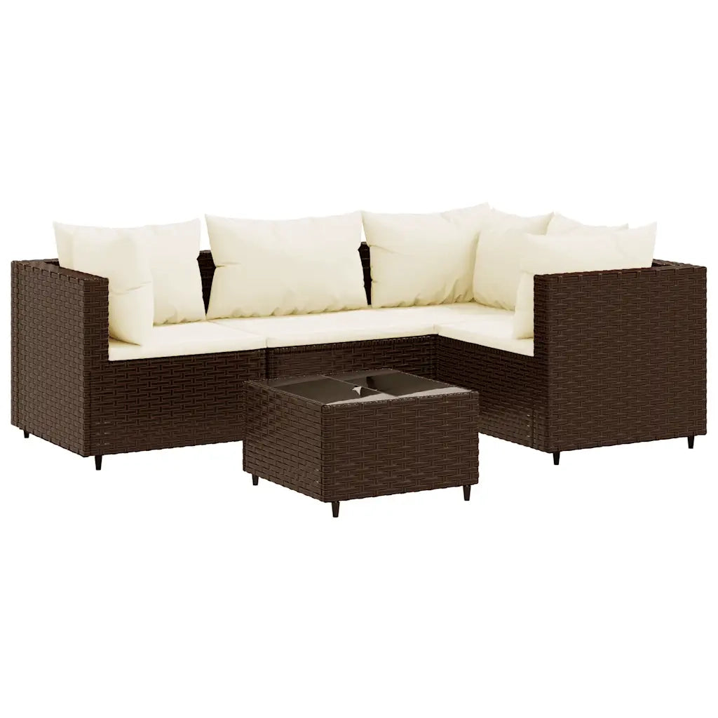 Set Divani da Giardino 5 pz con Cuscini Marrone in Polyrattan