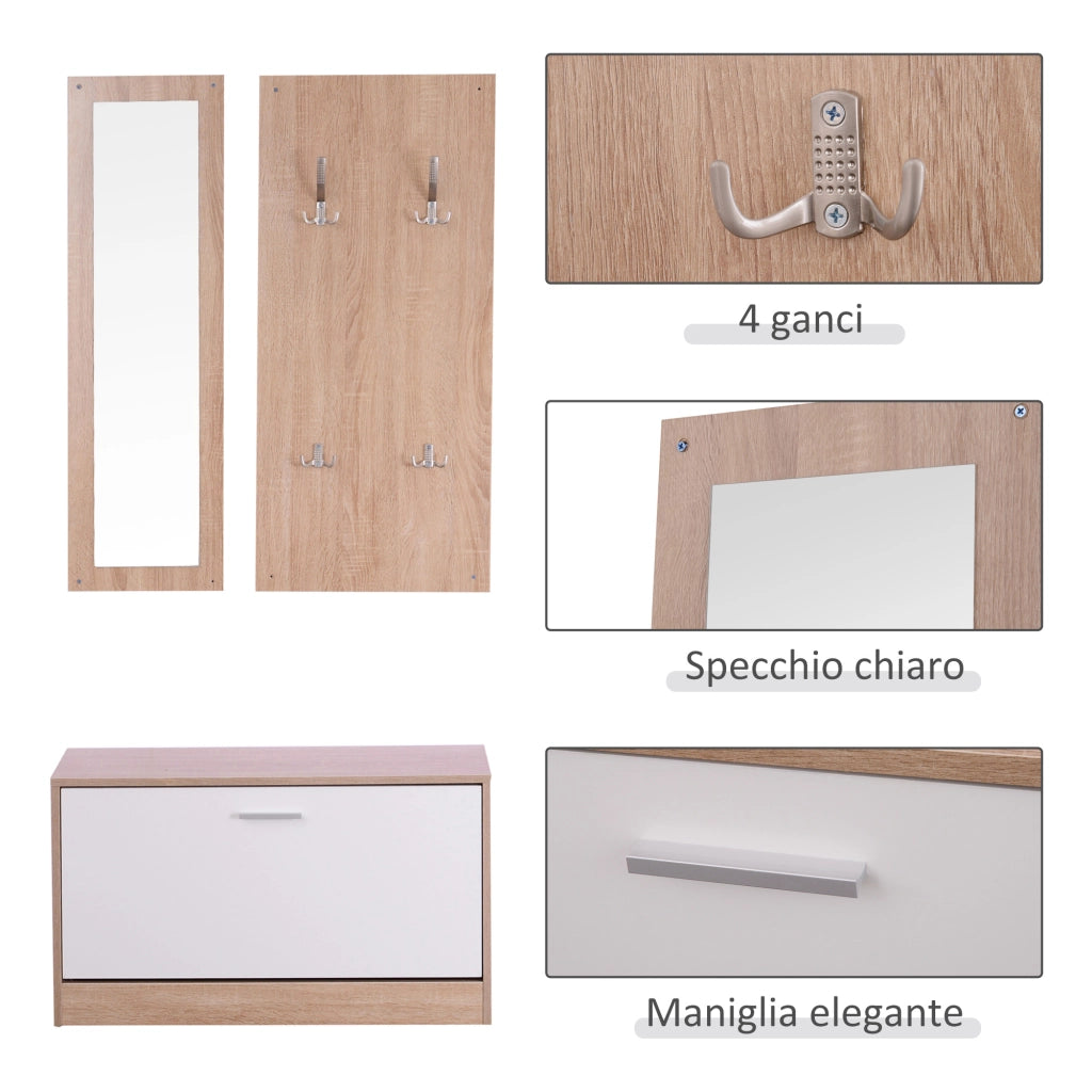 Mobile per Ingresso con Scarpiera, Appendiabiti e Specchio ¨C Minimal ¨C Legno, 80x27x46.5 cm