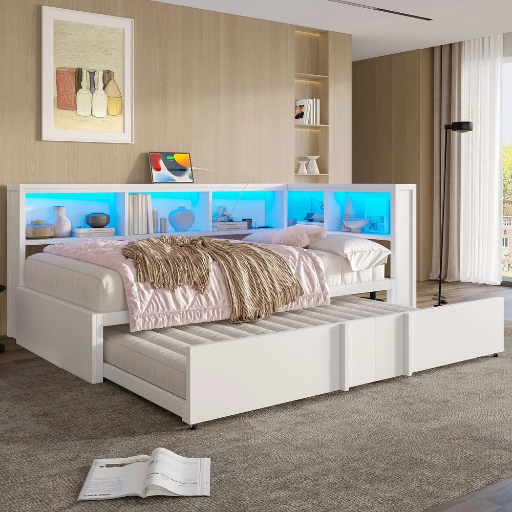 Letto con Rete Estraibile, LED e USB ¨C MINIMAL ¨C Metallo Bianco 90x200