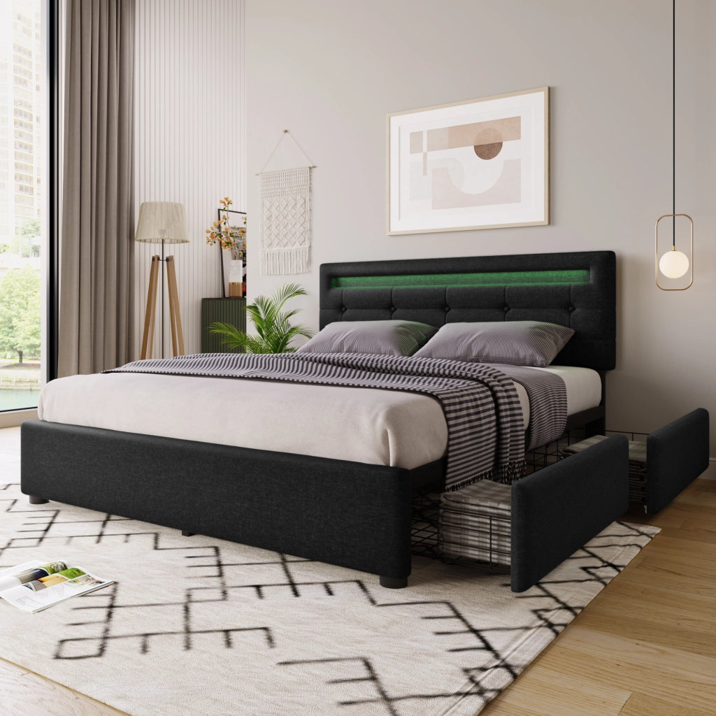 LETTO matrimoniale 140x200 cm in lino nero con LED e 4 cassetti