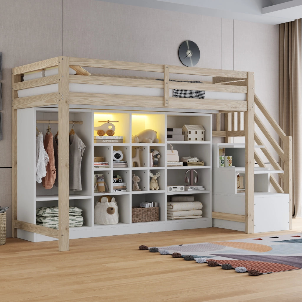 Letto a Soppalco con Contenitore e LED ¨C MINIMAL ¨C Legno 90x200