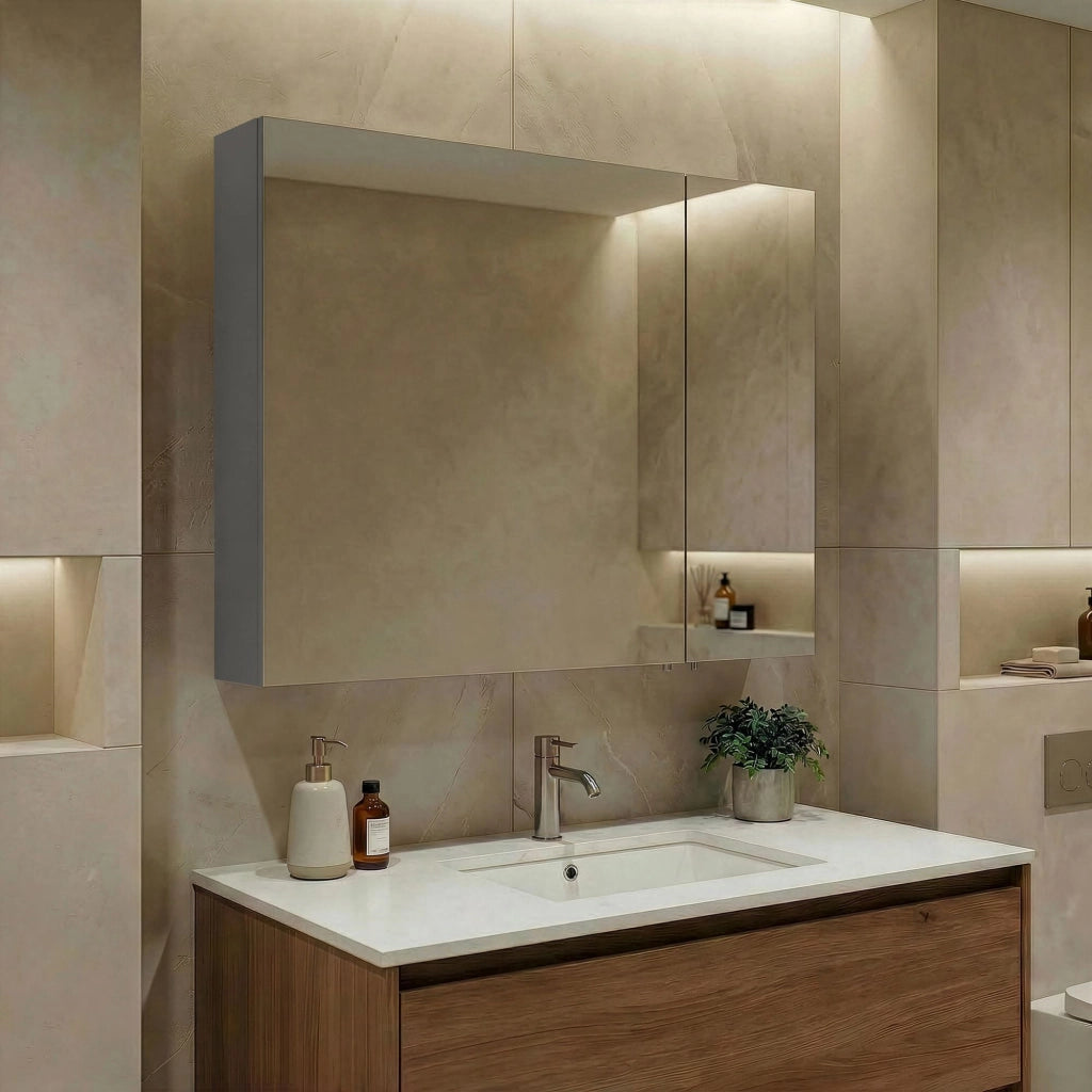 Mobile da bagno con specchio "Nuvola 80 v2" - 75 x 16 x 66 cm - Grigio