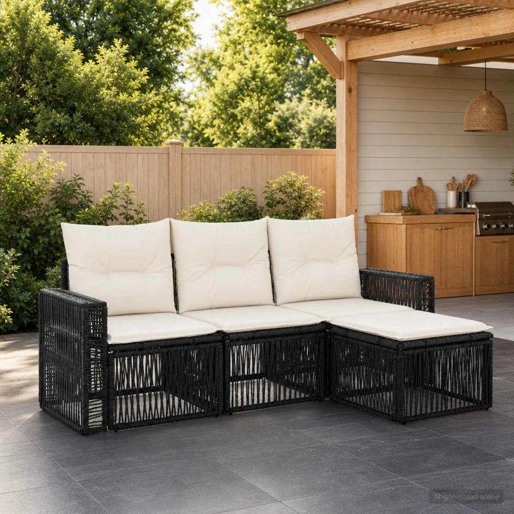 Set Divano da Giardino 4 pz Nero e Bianco Crema polyrattan 3435103