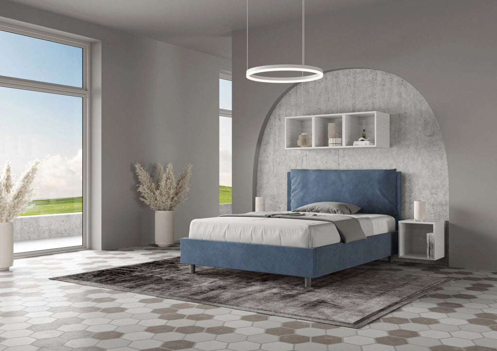 BS COM Letto matrimoniale francese senza rete imbottito 140x210 microfibra blu Large