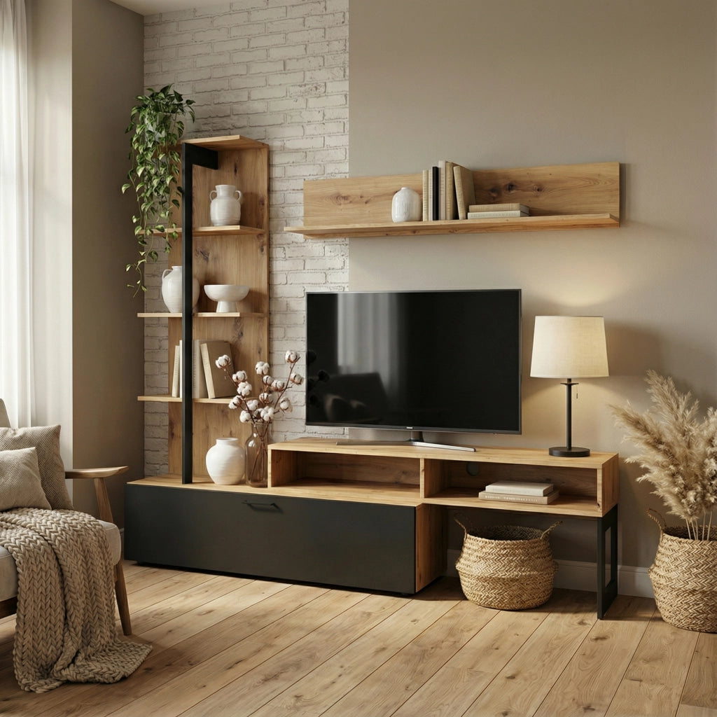 Mobili  soggiorno MOLDE - Scaffale in Set - Quercia Wotan - Nero - Larghezza 251 cm, Altezza 174 cm, Profondit? 37 cm