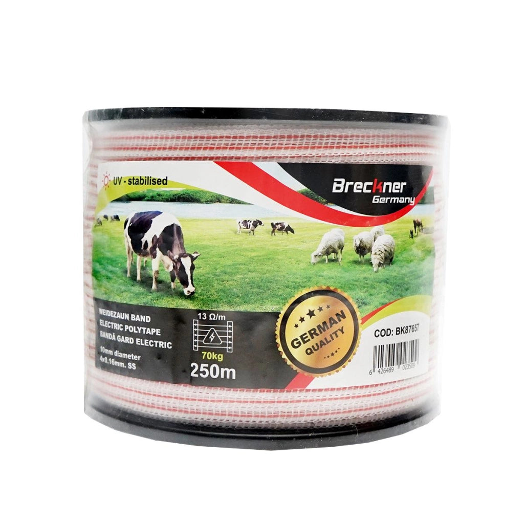 Nastro per recinto elettrico, Lunghezza 250 mt e Larghezza 10mm, 4x0.16mm SS, 13 Ohm/m, colore bianco-rosso recinzioni elettriche BRECKNER GERMANY