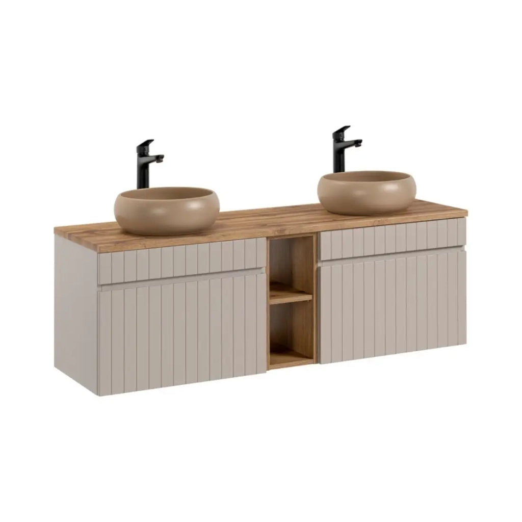 Insieme ICON: mobile sotto lavabo 140cm con nicchie visibili + 2 lavabi da appoggio rotondi marrone cappuccino