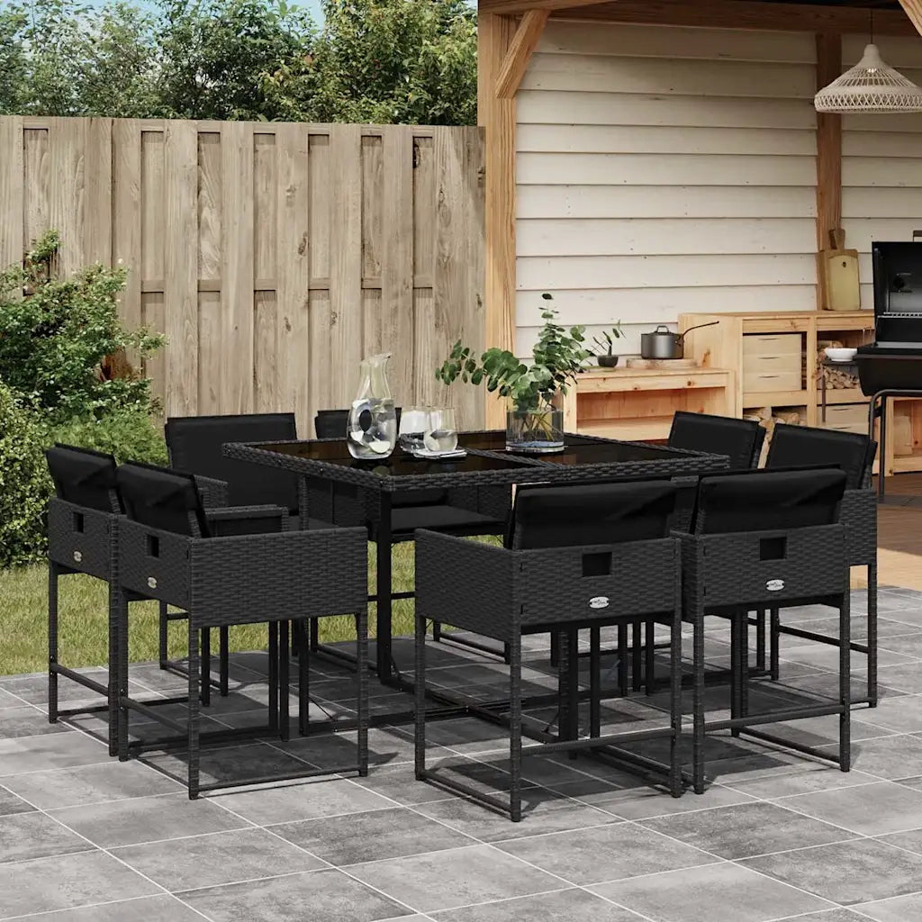 Set da Pranzo da Giardino 9 pz con Cuscini Nero in Polyrattan 3211375