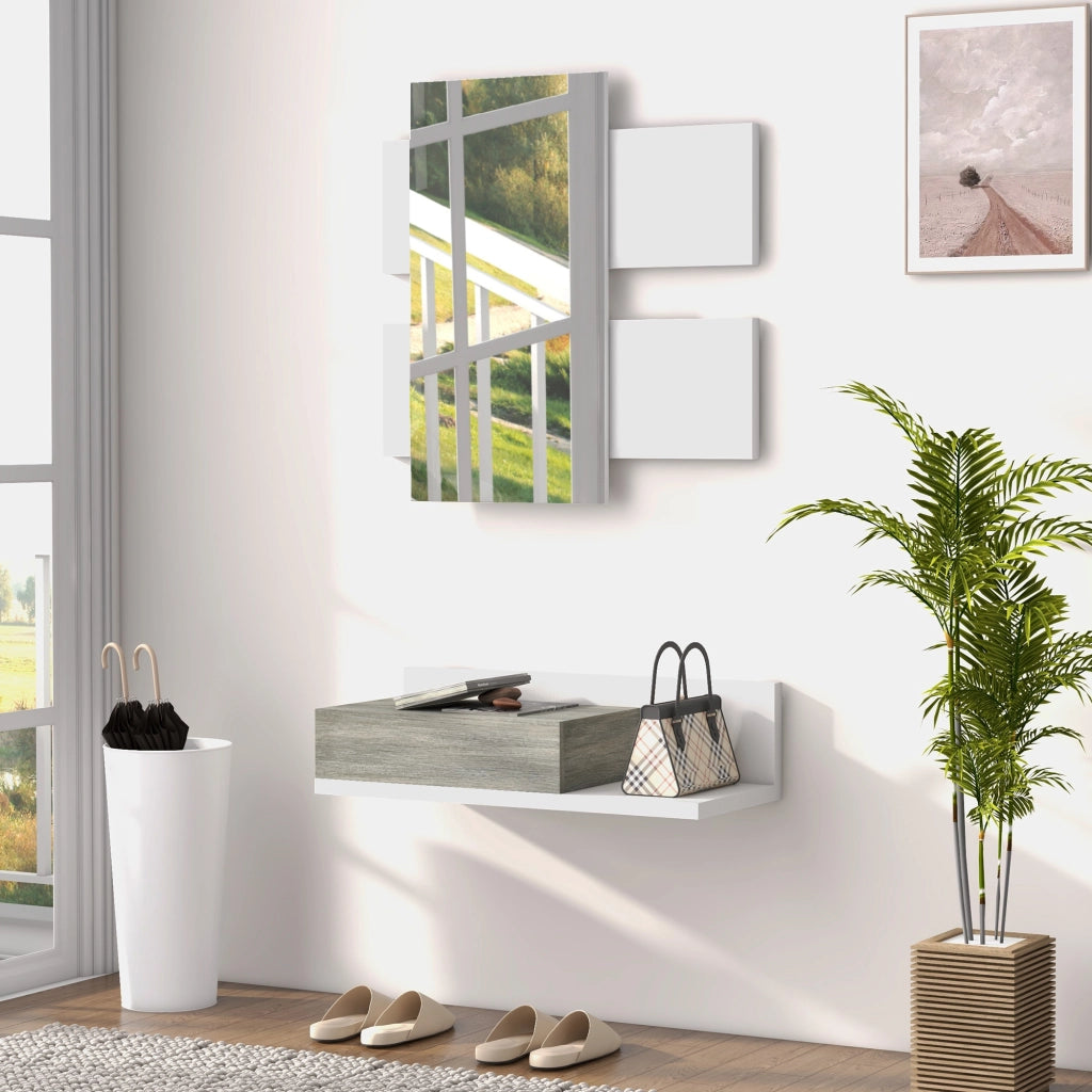 Mobile ingresso con specchio e cassetto ¨C Minimal ¨C Bianco e Grigio 75x30.5x20 cm