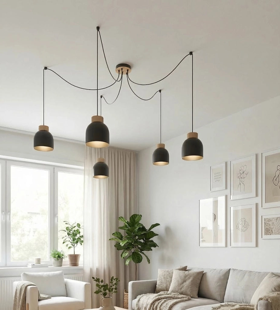 Lampada sospesa a ragno KRU nera legno 5xE27 Emibig