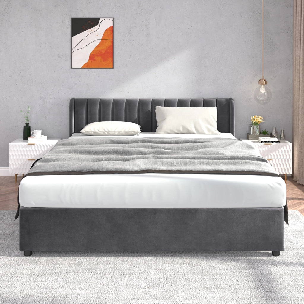 Letto imbottito in velluto grigio 180x200 cm con rete a doghe e 2 cassetti